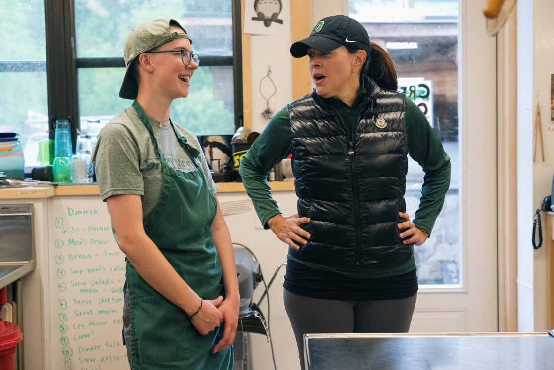 President Beilock talks with a student worker