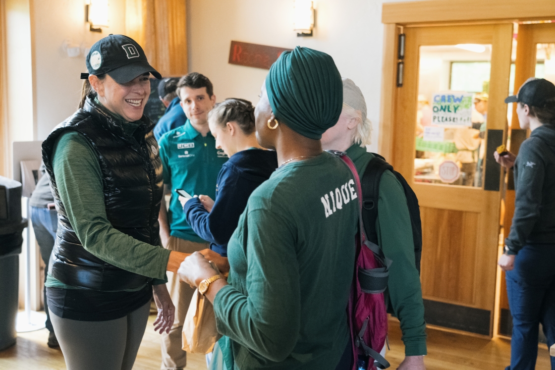 President Beilock inside Moosilauke Ravine Lodge