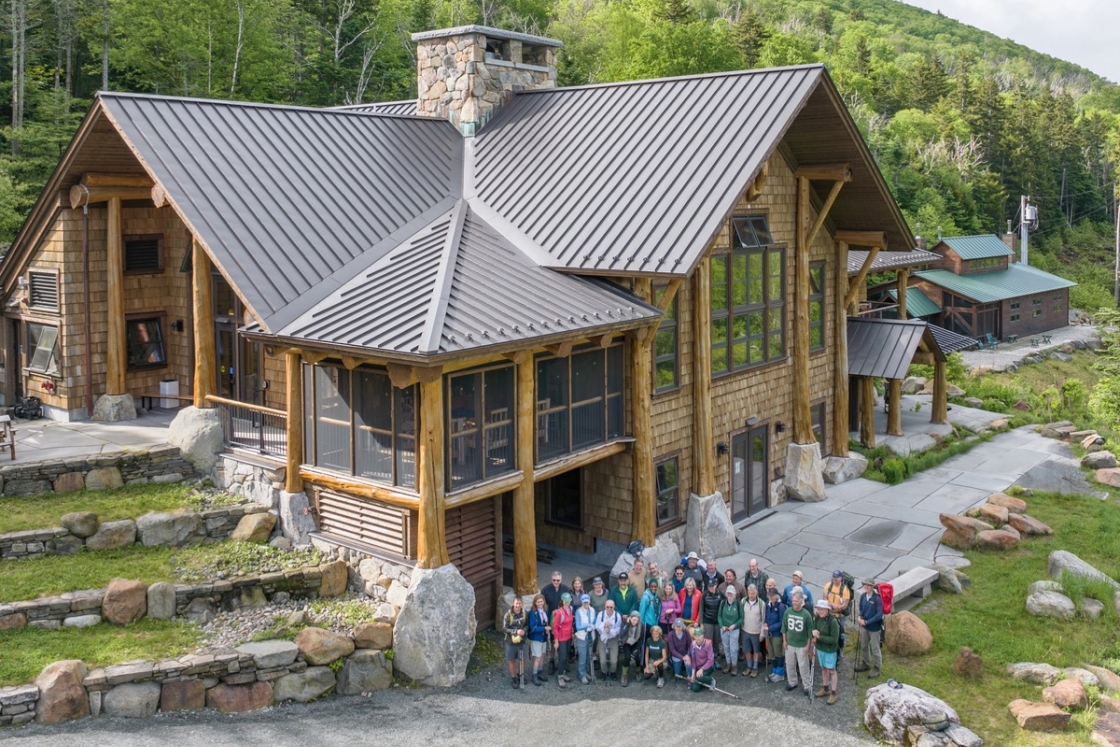 Aerial view of hikers and Moosilauke Ravine Lodge