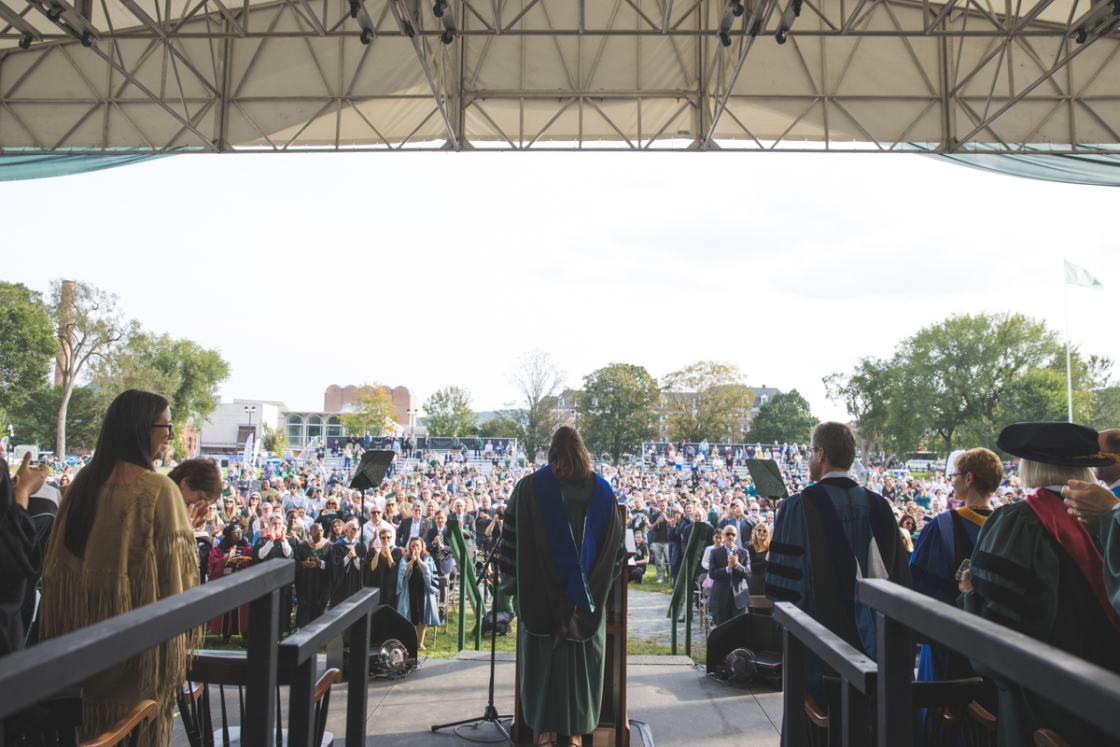 Sian Leah Beilock addresses the crowd at Inauguration