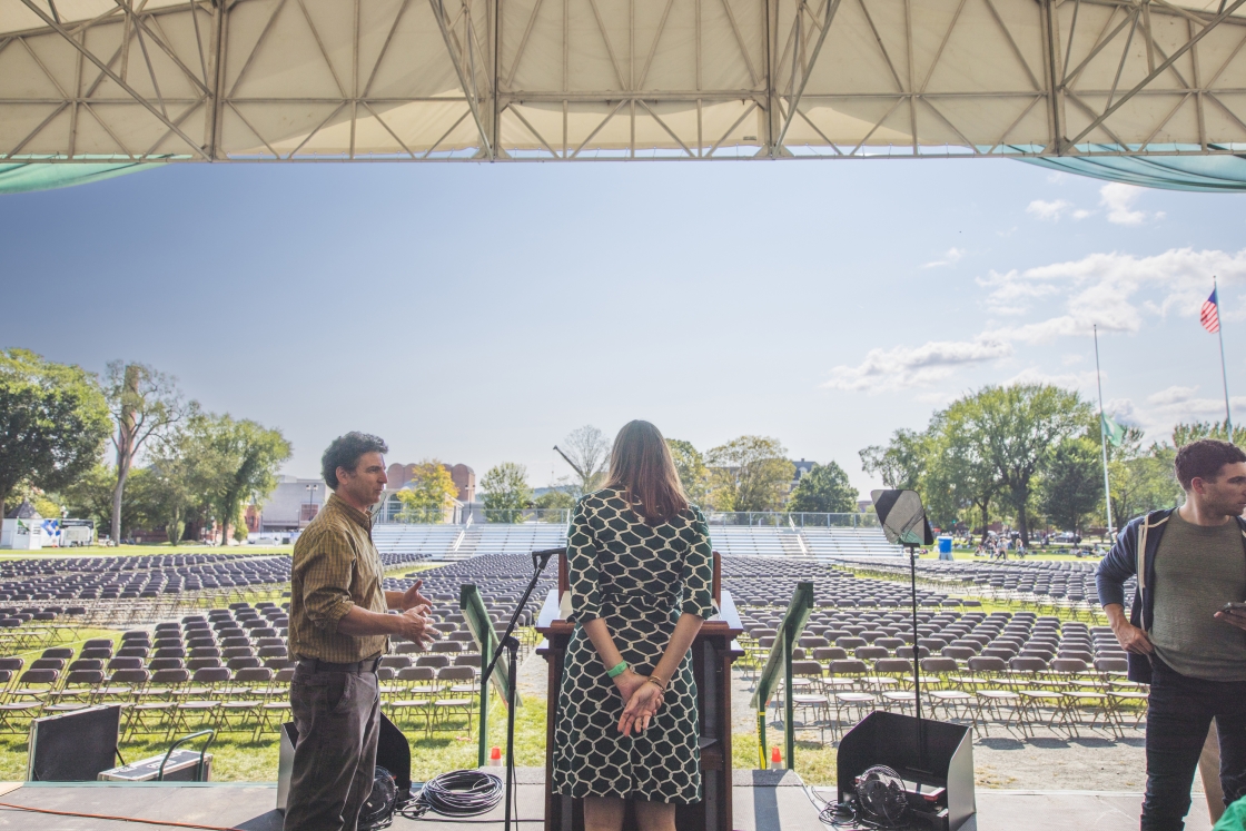 President Beilock testing the mic before Inauguration