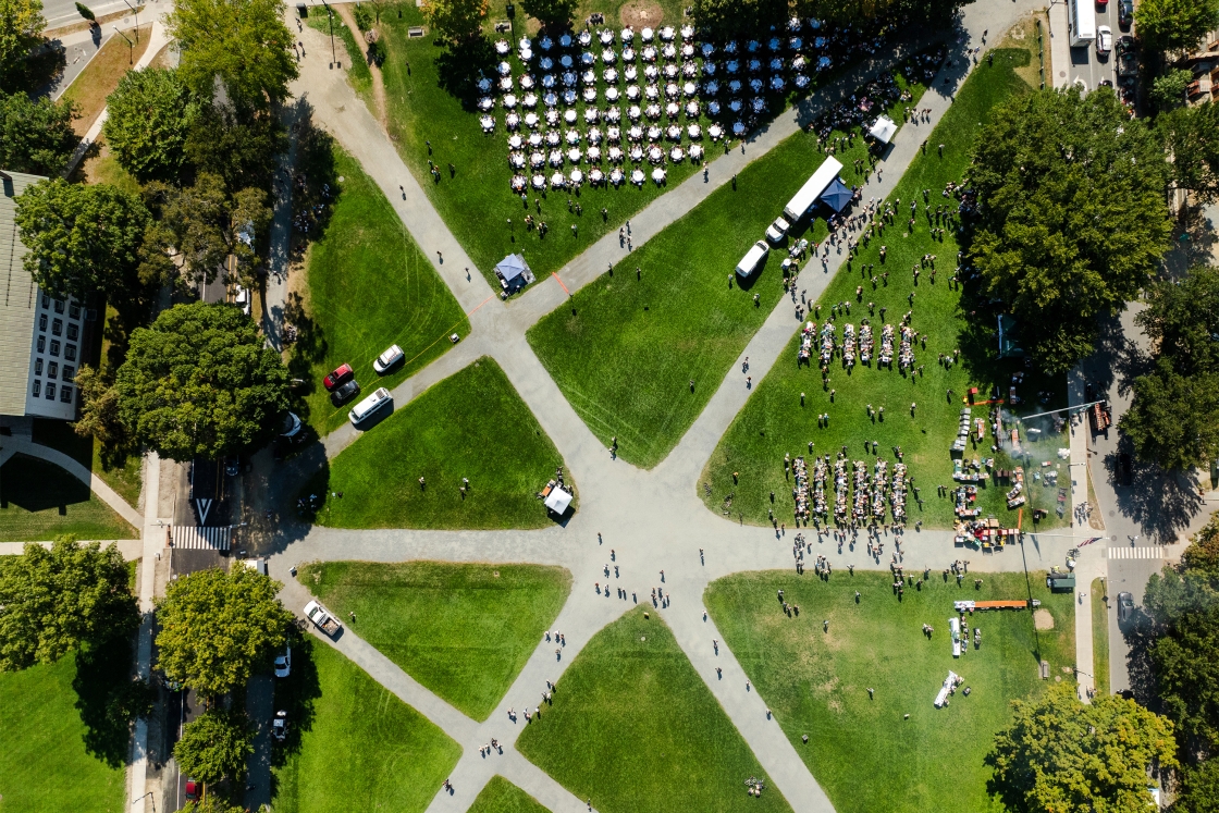 A view from above the community cookout at Dartmouth