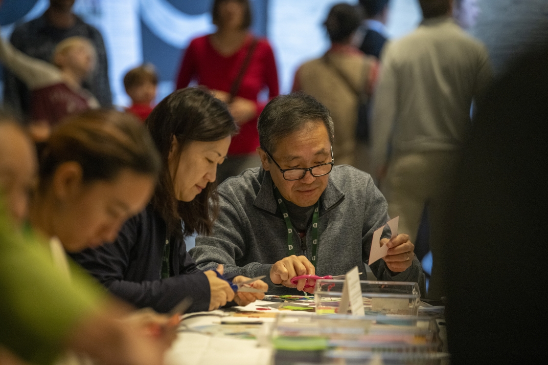 Parents work on art at the Hood Museum at Dartmouth