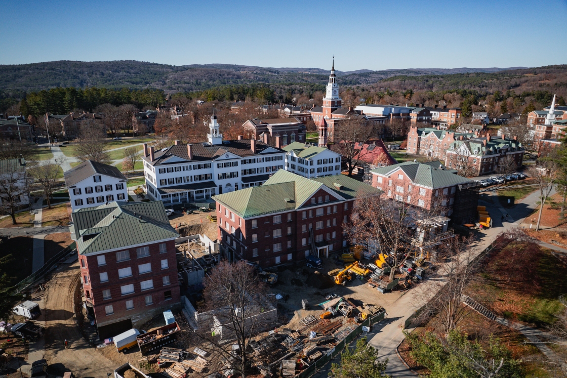 Aerial of Dartmouth campus and Fayerweather construction