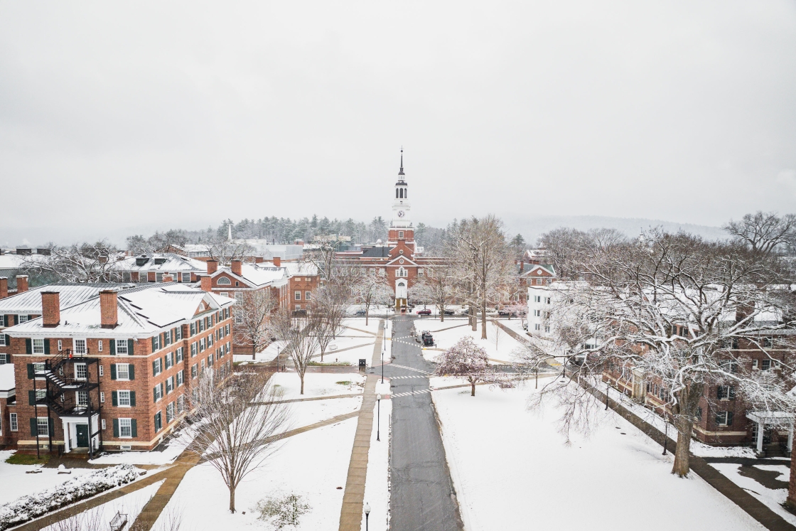 Aerial of Tuck Drive, facing Baker-Berry library in the snow