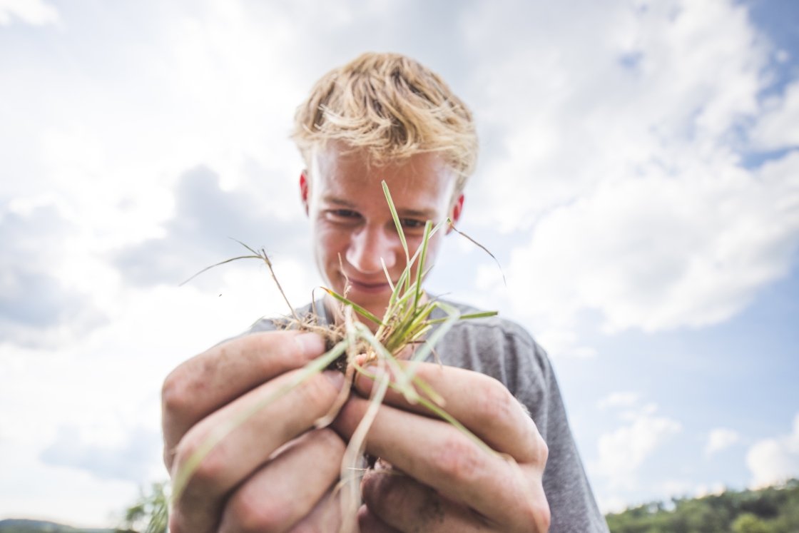 Student from an agroecology class studying grass