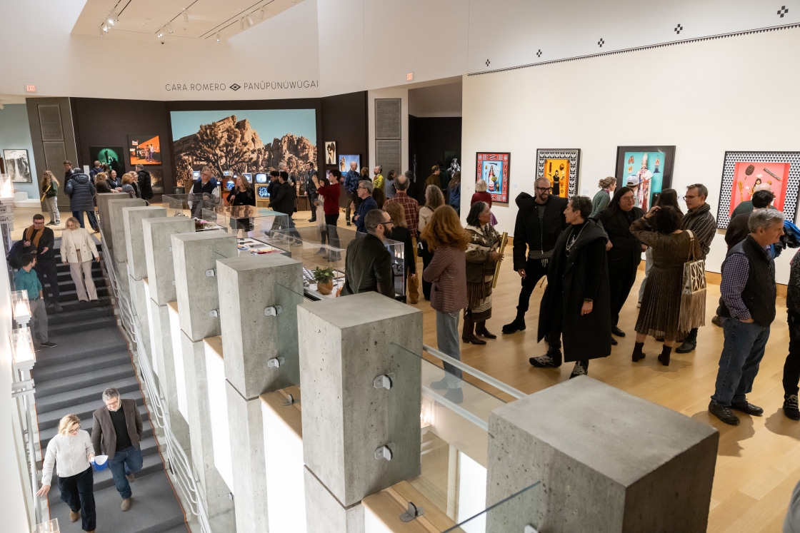 A wide shot of visitors exploring the exhibit