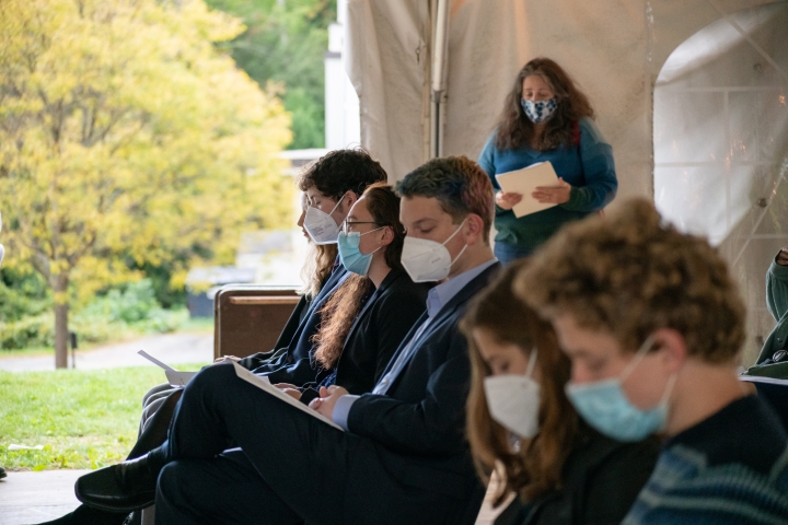 Students at the ceremony in Moore tent for sophomore prize winners and new members of the Alpha of New Hampshire Chapter of Phi Beta Kappa at Dartmouth. 