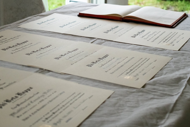 Certificates on a table