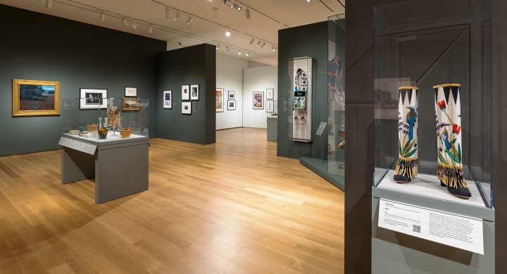 Room in the Hood Museum with various items including beaded boots on exhibit