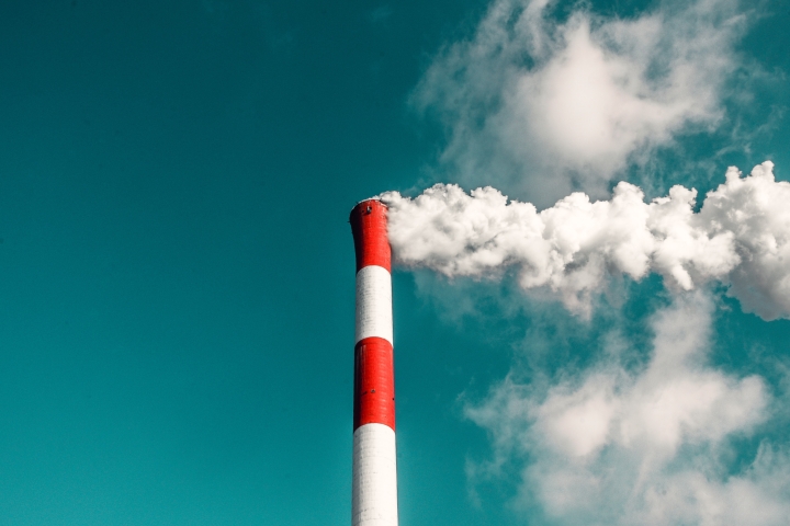 A red and white smoke stack 