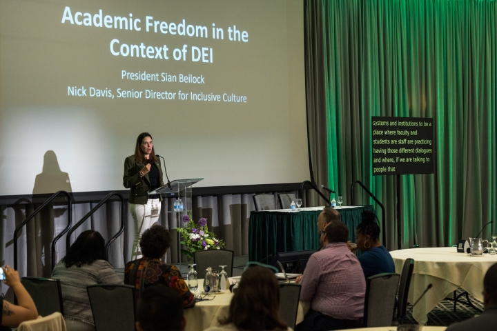 President Sian Leah Beilock speaks at DEI forum