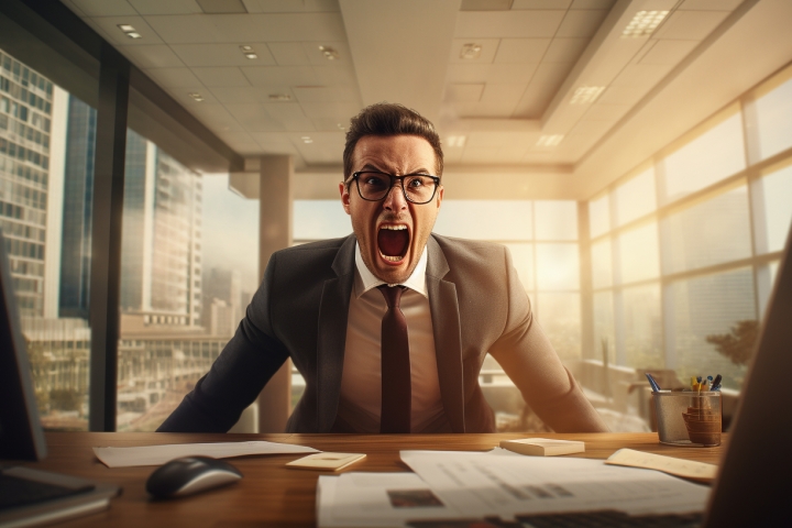 Man yelling across a desk