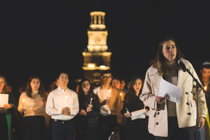 Sian Beilock speaks at a vigil for Israel