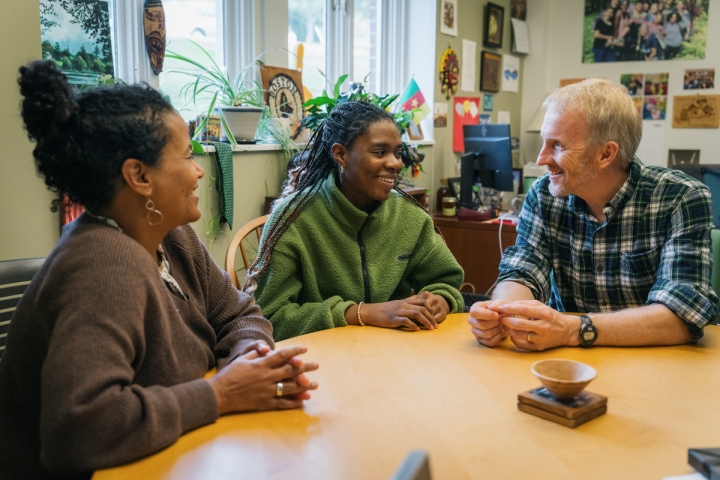 Janice Williams, Blessing Ndeh, and Jay Davis in the First Generation office