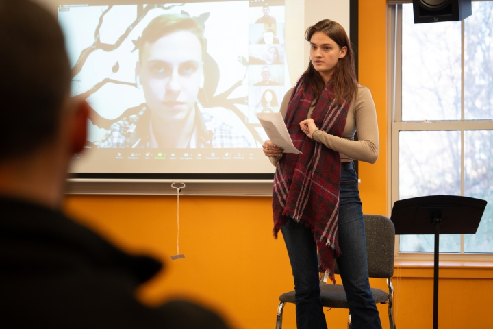 Thayer student and student from Ukraine recite poem