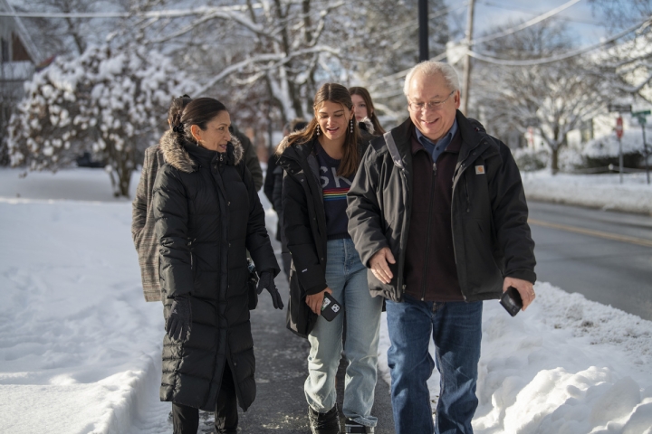 Deb Haaland walks through campus