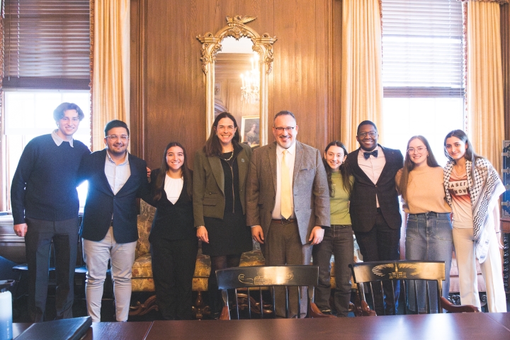 President Sian Leah Beilock and Secretary of Education Miguel Cardona with students.