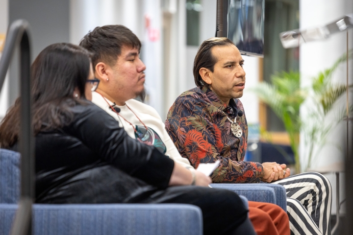 Artist Yatika Starr Fields talks during the panel discussion at the Irving Institute.