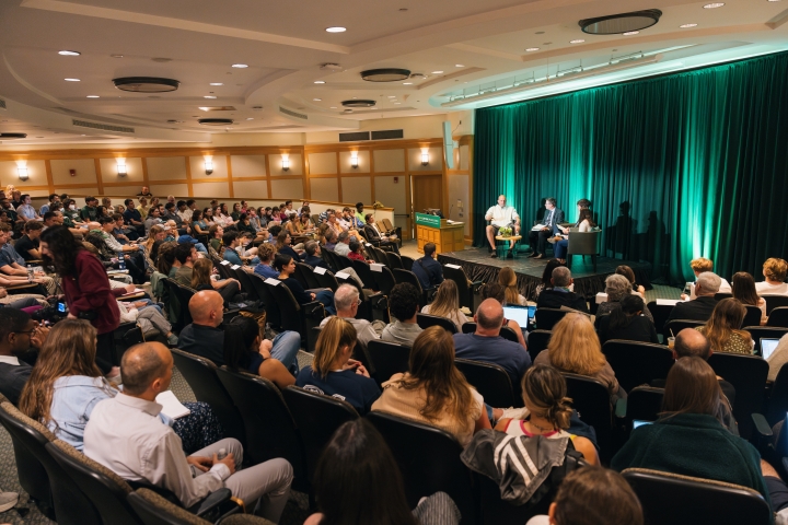 An audience listening to U.S. Sen. John Fetterman at Dartmouth