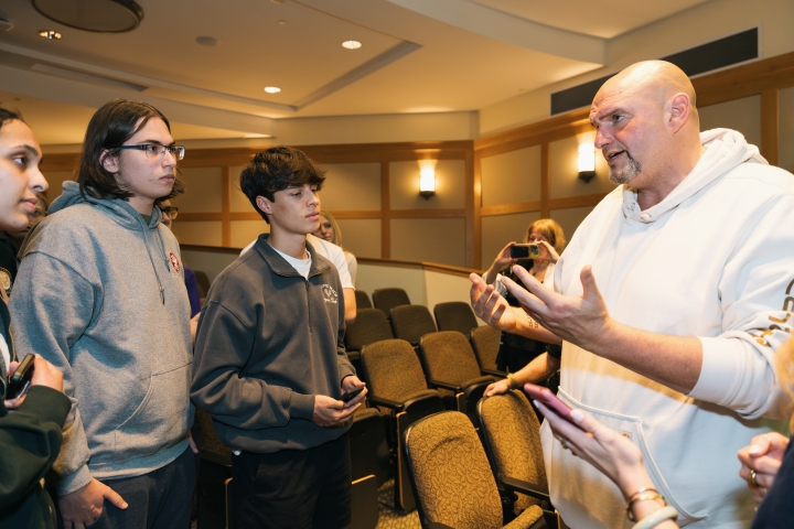 U.S. Sen. John Fetterman speaking with students