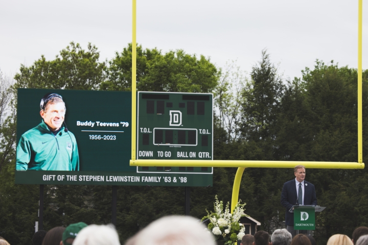 Buddy Teevens photo on the Dartmouth football scoreboard