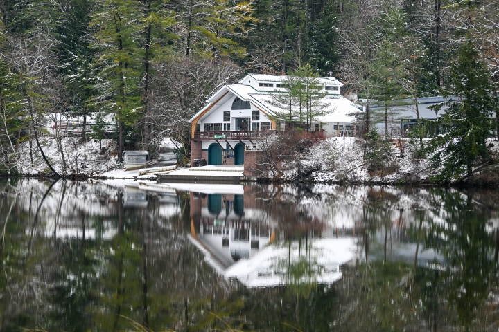 Dartmouth boathouse covered in snow