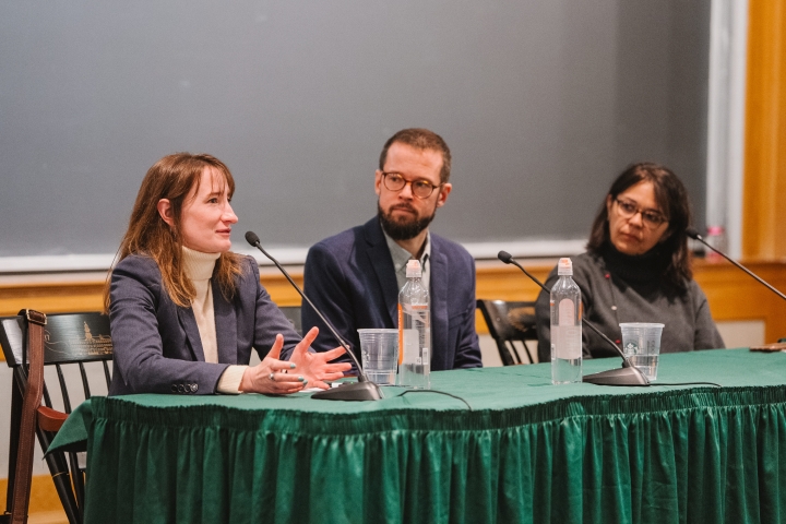 Panelists Ieva Jusionyte, Adam Goodman, and Cecilia Menjívar discuss amongst eachother