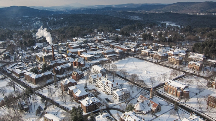 an aerial view of Dartmouth's campus in winter
