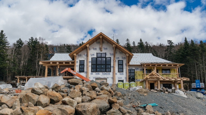 aerial front view of Moosilauke Lodge construction