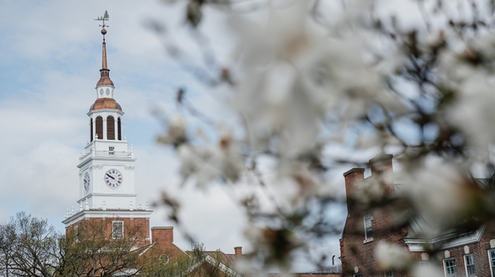 Baker Tower with a white flowering tree in the foreground