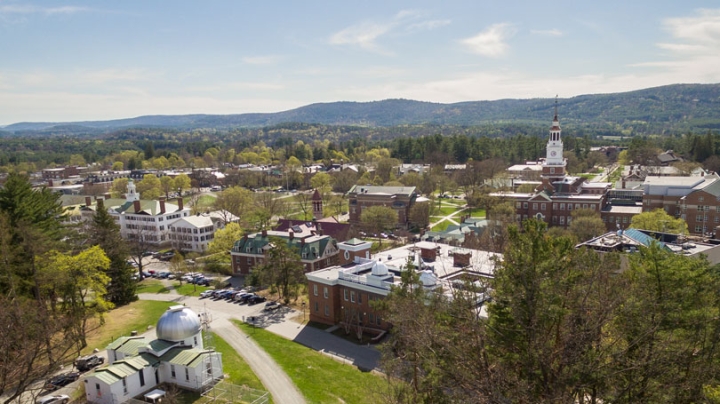 Aerial view of campus in spring