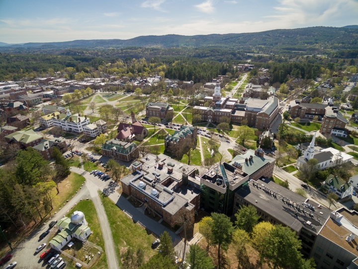 Aerial view of campus in spring