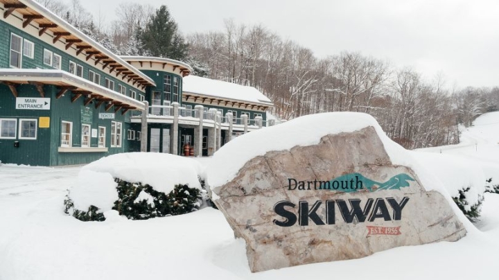 the snow covered entrance to the Dartmouth Skiway