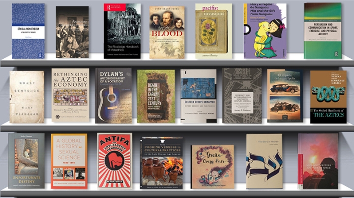 A selection of humanities faculty books celebrated at a Leslie Center reception.