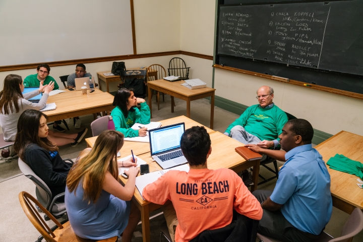 From left, Nicole Salet ’20, Pooja Singhi ’18, Nicholas Vernice ’18, Dickey fellow Donald Steinberg, and guest Bise Wood Saint Eugene discuss anti-poverty policy for the fictional nation of Wakanda.
