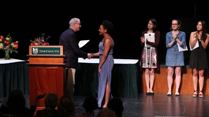 President Phil Hanlon ’77 congratulates arts award winter Celeste Jennings ’18 