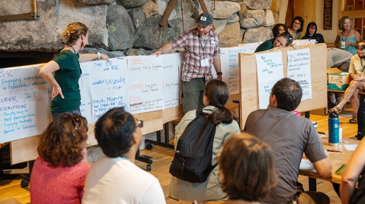people gathered inside the Moosilauke Ravine Lodge