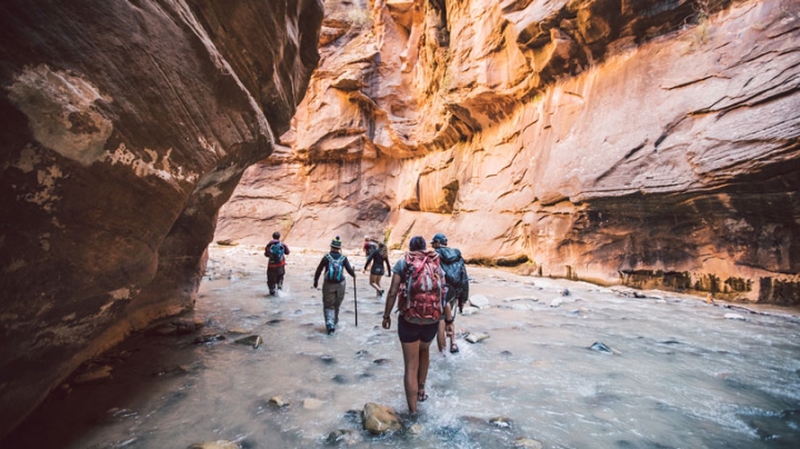 On the Stretch, students wading up a river.