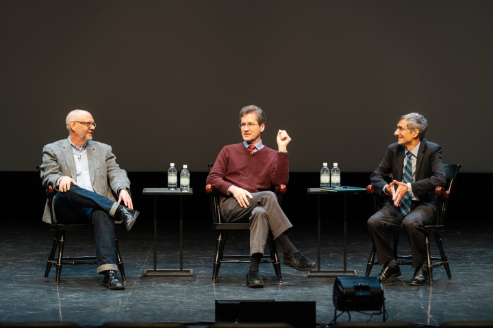 Interim Provost David Kotz talks with incoming provost Joseph Helble, right, and Rick Mills, executive vice president, at the town hall meeting. 