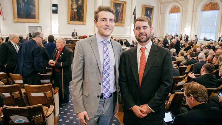 Democratic Rep. Garrett Muscatel ’20, left, and Republican Rep. Gates Lucas ’16