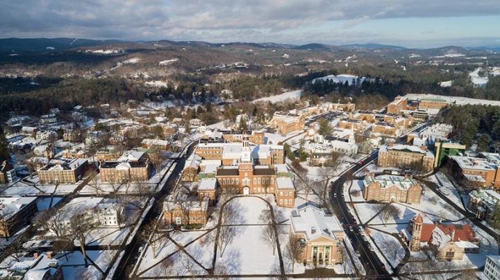 an aerial view of Baker Tower on a snowy day