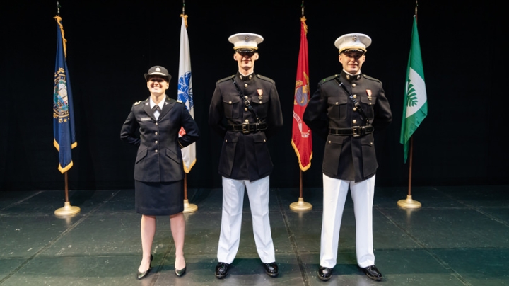 Alexandra Crosswait ’19, Frederick Polak ’19, and Austen Robinson ’19 get a round of applause after receiving their commissions as officers.