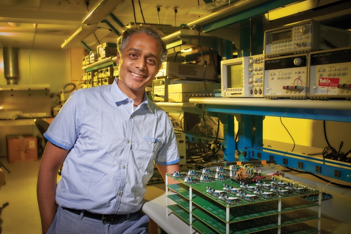 “I love the sizzle in the brain created by an invention that solves a problem you have been working on intensely,” Professor Rahul Sarpeshkar says. (Photo by John Sherman)