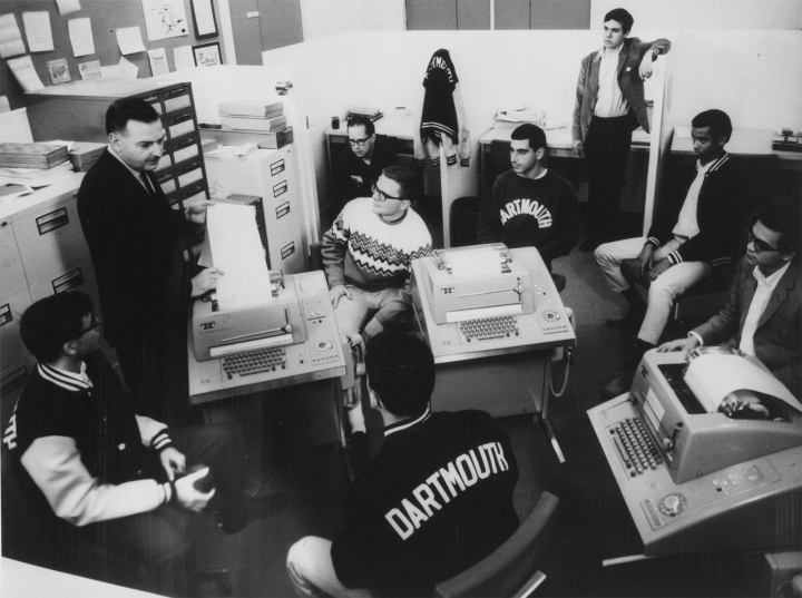 Math professor and future Dartmouth president John Kemeny teaches BASIC programming to students in the Kiewit Computation Center. 