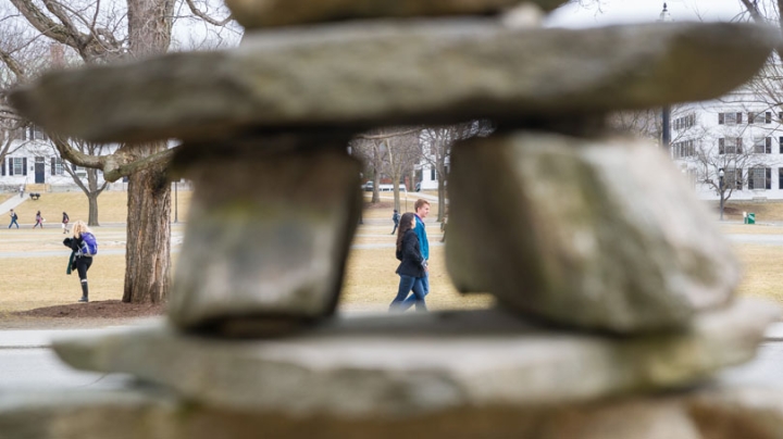 Framing the Green, this inuksuk, or "likeness of a person," was built by hand with stones from a field in Haverhill, N.H., 