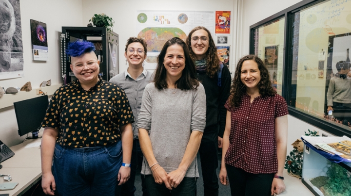 The Planetary Surfaces Computing Lab. Back row, from left: Melanie Kanine '20 and Audrey Putnam, Guarini '20. Front row: Torie Roseborough, Guarini '23, Assistant Professor Maria Palucis, and post-doctoral researcher Frances Rivera-Hernandez.