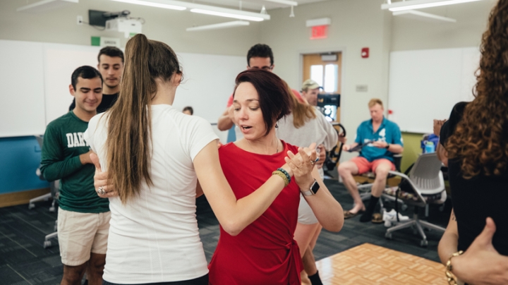 Noelia Sol Cirnigliaro demonstrates a tango step in her class “Tango Argentino: Music, Dance, Poetry, Community.”