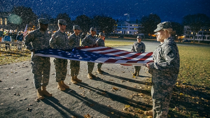Student veterans perform the 2016 Veterans Day Retreat Ceremony on the Green. 