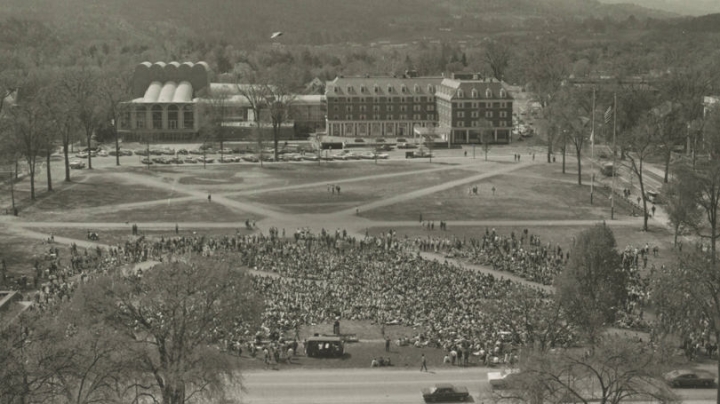 Spectators gather on the Green as anti-war students stage a protest inside the Parkhurst administration building on May 6, 1969. 